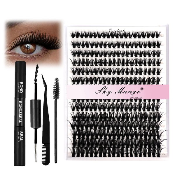 SKY MANGO Individual Lashes Kit 280pcs 50D Curl 8-16MM Clusters Eyelash Extension Kit with Lash Bond and Seal and Lash Tweezers and Lash Brush for Self Application(50D-0.07D-8-16MIX KIT)