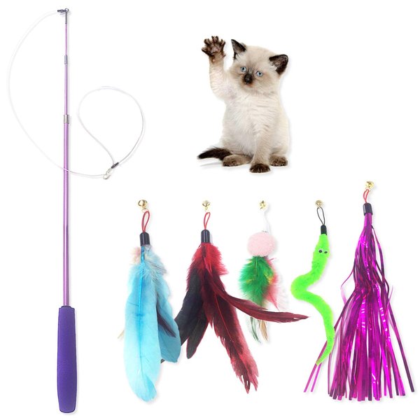 Cat Toy Wand, Interactive Feather Teaser Cat Toys Set, Retractable Cat Fishing Rod with 5pcs Refills (Purple)