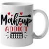 Makeup Addict with Powder Brush, Eyeshadow Palette & Hearts Design - Beauty Themed Merch for Makeup Artist or Cosmetologist, Gift for Makeup Lovers & Beauticians, White Mug 11oz