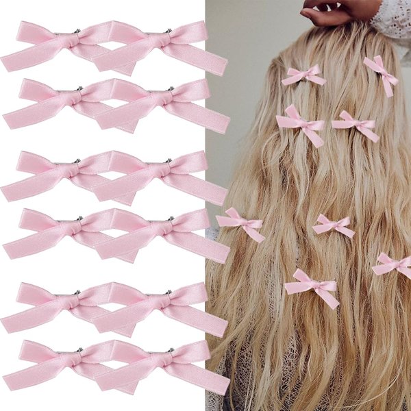 Bmobuo 12PCS Pink Hair Ribbon Clips Small Hair Bows Clips Small Silk Pink Hair Clips Mini Bows Hair Barrettes Hair Accessories for Women Girls