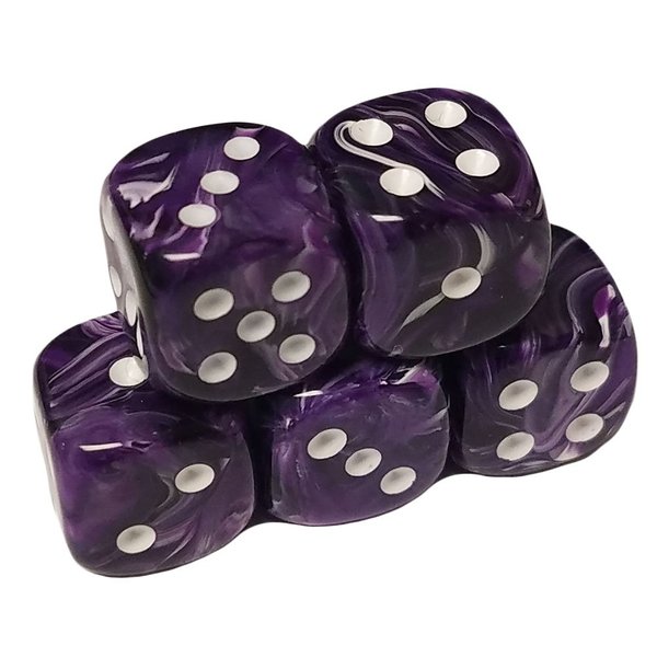 Set of 5 Deluxe Purple Swirl Dice 12mm Black Spots in Snow Organza Bag