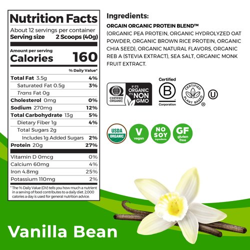 Orgain Organic Vegan Protein Powder + Oat Milk, Vanilla Bean - 20g Plant Based Protein, Gluten Free, No Dairy, Soy or Lactose Ingredients, Low Sugar, Non-GMO, Kosher, For Shakes & Smoothies - 1.05lb