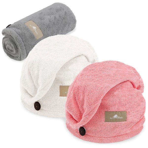 myHomeBody Hair Towel Wrap | Luxury Rapid-Dry Hair-Drying Turban | Ultra Soft and Quick Drying Absorbent Fiber, with Coconut Shell Button – Light Gray, Pink, White - 3 Pack