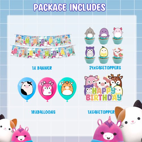 Kawaii Birthday Party Decorations Pack Plush Toys Themed Party Supplies for Girls Boys Kids Includes Banner Balloons Cake Cupcake Toppers