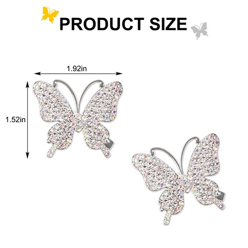 2Pcs Butterfly Hair Clips Butterfly Hair Clamps with Rhinestones Decorative Cute Hair Pins Hair Accessories for Women Girls (Silver)