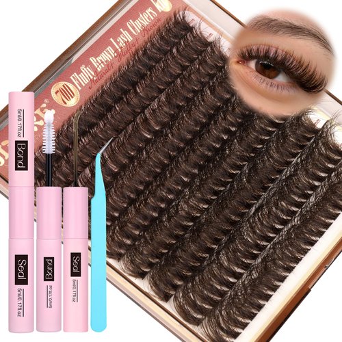 JIMIRE Brown Lash Extension Kit Natural Look Wispy Brown Lash Clusters Individual Lashes with Lash Bond and Seal Wsipy D Curl 10-18MM DIY Eyelash Extension Kit Fluffy Brown Cluster Lashes 180Pcs