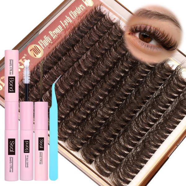 JIMIRE Brown Lash Extension Kit Natural Look Wispy Brown Lash Clusters Individual Lashes with Lash Bond and Seal Wsipy D Curl 10-18MM DIY Eyelash Extension Kit Fluffy Brown Cluster Lashes 180Pcs