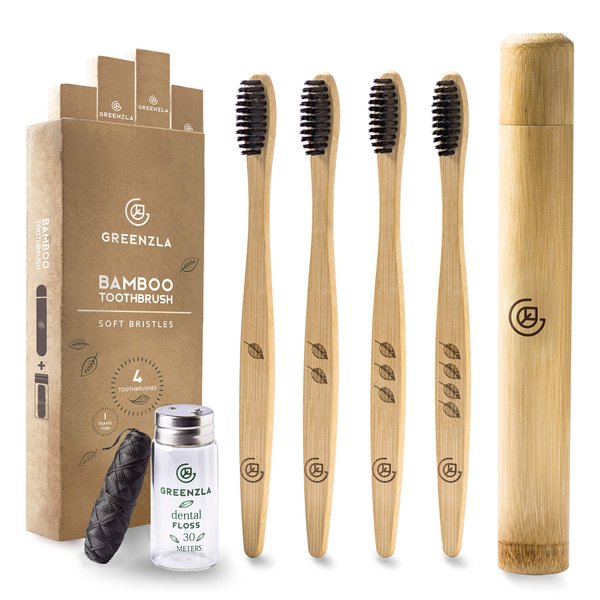 GREENZLA Bamboo Toothbrush (4 Pack) with Travel Case & Charcoal Dental Floss | BPA Free Soft Bristles | Eco-Friendly, Natural Bamboo Toothbrush Set | Biodegradable & Compostable Wooden Toothbrushes