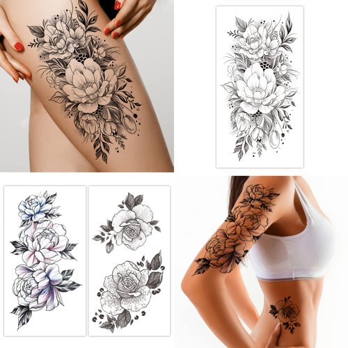 Cerlaza Temporary Tattoos for Women, Henna Fake Flower Tattoos Stickers for Adults, Semi Permanent Half Sleeve Tattoos Body Leg Makeup Waterproof, Flower Tatuajes Temporales-12 Sheets