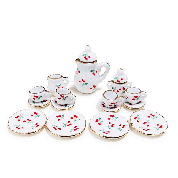 Dollhouse Porcelain 1/12 Scale Dollhouse Miniatures Tea Coffee Set Pot Cup Doll's House ;Mini Tea Set,Ceramics Tea Set (Red Cherry)