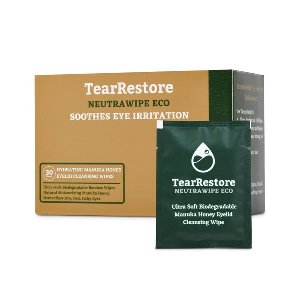 TearRestore NeutraWipe Eco Manuka Honey Eyelid Wipes | Ultra-Soft Biodegradable Eyelash Cleanser For Blepharitis & Dry, Itchy, Swollen, Irritated Eyes (30 Count)