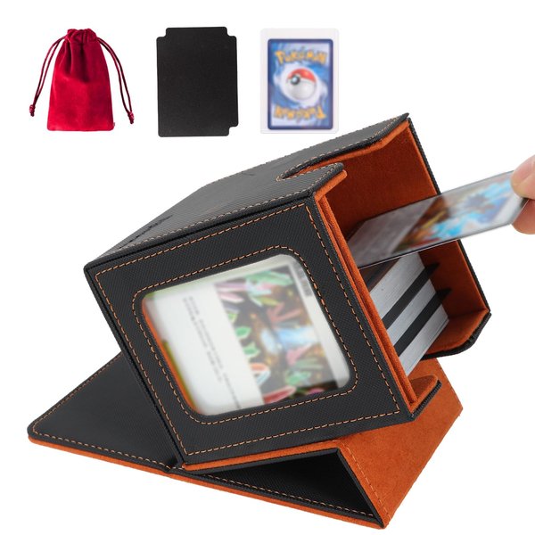 YLjindoia MTG Deck Box for Commander Display, PU Leather MTG Card Storage Box Holds 100 Double-Sleeved Cards, TCG Card Deck Box with 2 Dividers, 1 Drawstring Bag and 1 Toploader(Black&Brown)