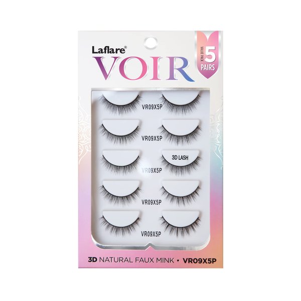 Laflare 3D Nature Faux Mink VOIR Eyelashes, Ultra Soft, Light, Wispy, Knitted, Natural Looking, Reusable, Professional Easy to Apply Eyelashes 5 Pairs Value Pack (VR09X5P)