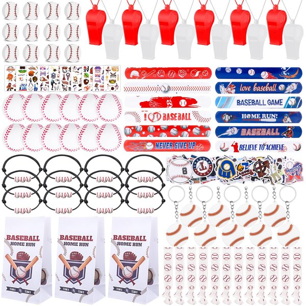 208Pcs Baseball Party Favors with Baseball Party Bags Baseball Whistle Mini Foam Baseball Ball Slap Bracelets Keychains Sticker Tattoo for Baseball Party Goodie Bag Fillers Party Decorations