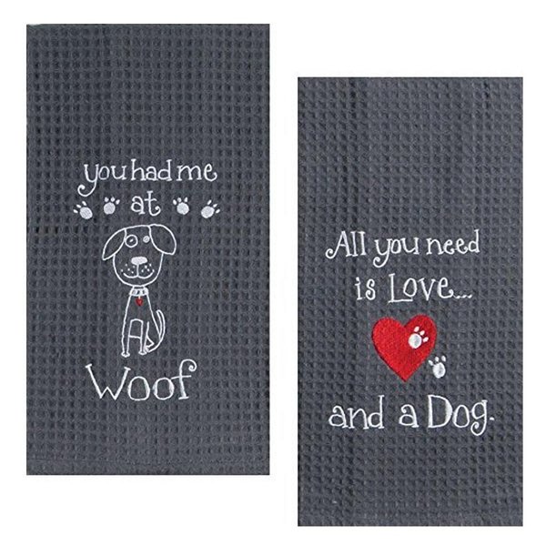 Kay Dee Dog Lover Embroidered Waffle Towel Set - Cotton - One Each You Had Me at Woof & Dog Love