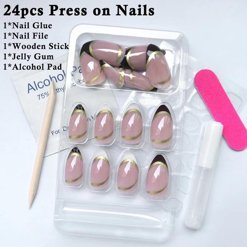Bellelfin 24Pcs Almond French Tip Press on Nails, Full Cover Medium Almond Fake Nails Glossy False Nails with Designs Glue on Acrylic Nails for Women Girls Fingernails Decor