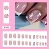 Glue on Nails Medium Length Press on Nails Square Acrylic Nails White French Tip Fake Nails Press ons Pink Full Cover Stick on Nails Flower Golden Leaves Design Artificial Nails for Girls 24Pcs