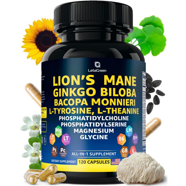 LetaGreen Organic Lions Mane Supplement Capsules - 120 Real Mushrooms Lion's Mane Capsules with Ginkgo Biloba Herb, Bacopa Monnieri, L Theanine, L Tyrosine - Mushroom Complex for Daily Wellness