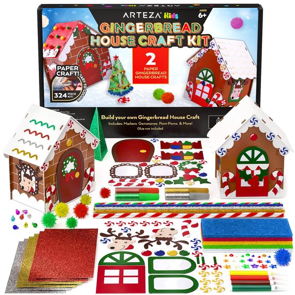 Arteza Kids Cardboard Gingerbread House Kit, 324 Pieces, Fun Kids' Activities — 3D Holiday Crafts with Glitter, Chenille Stems, & Pom Poms for Christmas Decorating and Playtime