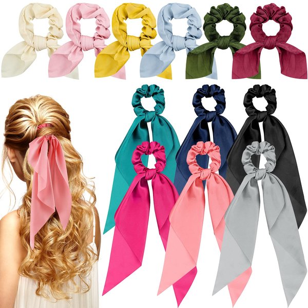 12 Pieces Hair Accessories for Women Hair Ribbons Hair Scarf Scrunchies Bow Scrunchies for Girls Women Hair Scrunchies with Bow Bunny Ear Satin Bowknot Elastic Hair Band Bow Hair Ties Ponytail Holders