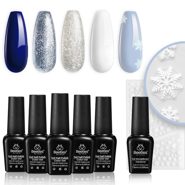 Beetles 6 Pcs Gel Nail Polish Set- 5 Colors Glitter White Blue Silver Gel Polish Kit with Strengthener Reinforcement Nail Sticker Snowflakes Soak off UV LED Lamp Winter Manicure Gifts for Girls