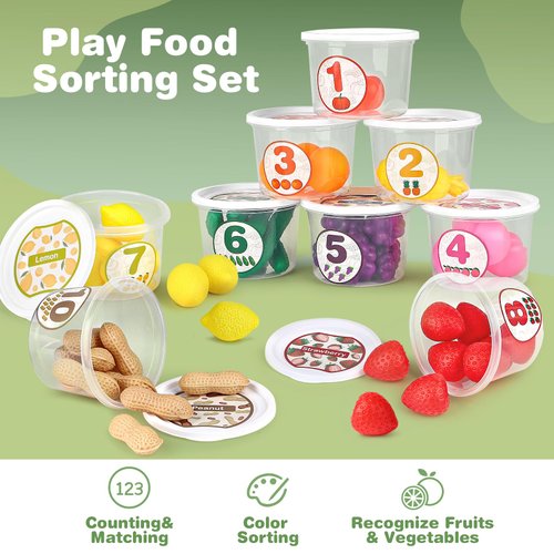 Joyreal Color Sorting Toys Play Food Sorters Tubs with Fruits and Vegetables, 65 Pieces One to Ten Counting Sorting Learning Toys, Preschool Pretend Play Toys for Toddlers