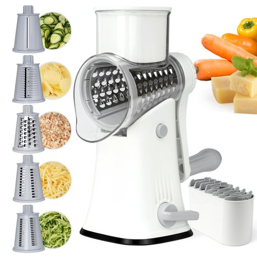 REDPANT 5 in 1 Rotary Cheese Grater, Manual Hand Crank Cheese Grater With Reinforced Suction & 5 Interchangeable Blades, Multifunctional Cheese Shredder, Easy to Use and Clean, White