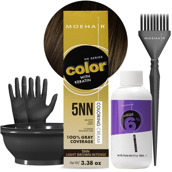 MOEHAIR Hair Coloring Kit | 5NN Permanent Hair Color (Light Brown Intense), 20 Volume Developer 6%, Coloring Brush, Gloves & Mixing Bowl | Keratin Infused Color | Gray Coverage | Adds Shines