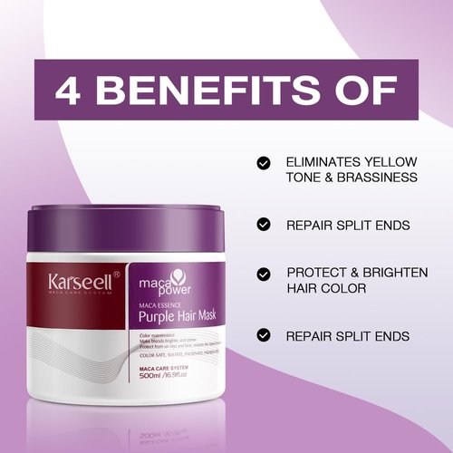Karseell maca power Purple Hair Mask Professional Neutralizes Brass & Yellow Tones For Blonde Silver Gray Highlighted Hair 16.90 oz 500ml