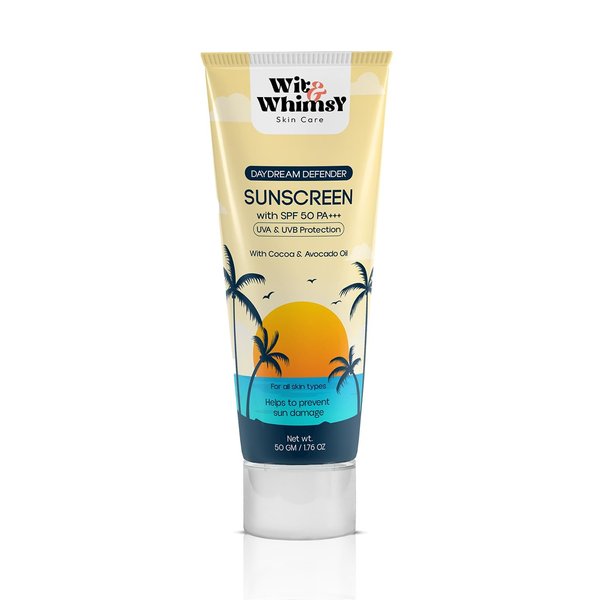 Wit & Whimsy Daydream Defender Sunscreen SPF 50 Sun Block Tanning Moisturiser Cream For Women Men Face & Body With Cocoa & Avocado Oil For All Skin Type, Daily Use With Zero White Cast - 50 GM/1.76 Oz