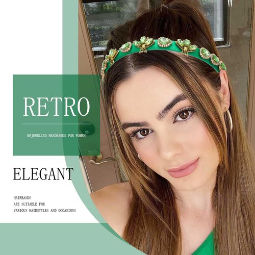 Coridy Thin Green Headbands for Women Crystal Rhinestone Hairbands with Gemstone Bee Head Bands Luxury Bejeweled Headbands (Vintage) (Green)