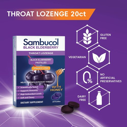 Sambucol Black Elderberry Throat Lozenge - with Honey, Vitamin C & Zinc, Elderberry Lozenges Sore Throat & Cough, Soothes Scratchy Throat, Soft & Chewy - 2 Pack (40 Total Pastilles)