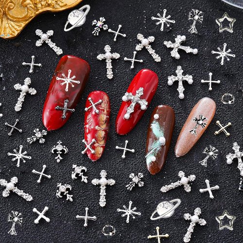 110Pcs Silver Nail Charms And Gems Star Planet Cross Alloy Nail Art Decoration Metal 3D Nail Art Charms Y2k Nail Jewels Accessories For Nail Art Supplies Manicure Craft DIY Nail Art Rhinestones