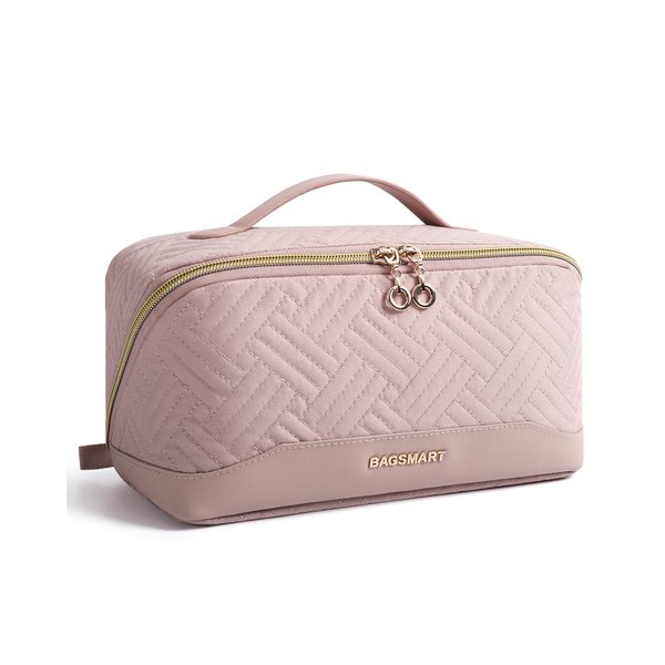 BAGSMART Travel Makeup Bag - Water-Resistant Portable Cosmetic Pouch, Flat Open Organizer for Toiletries and Brushes, Pink