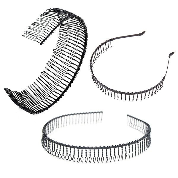 3 Pcs Unisex Black Metal Toothed Hairdressing Hair Band Head Band Hair Hoop Teeth Comb Headwear Elastic Non Slip Accessory for Women and Men