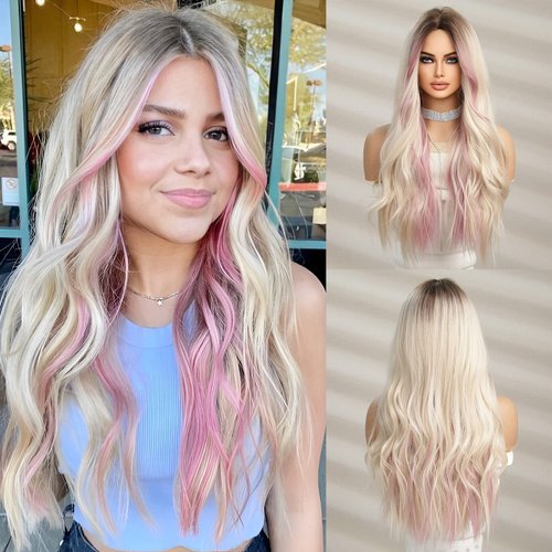 VKheroKV WL-01 Women's Wavy Ombre Blonde Wig With Highlights Long Length Synthetic Heat Resistant Nature Curly Wigs For Party Daily Halloween Cosplay (Ombre Blonde With HighLights)