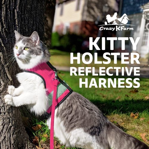 Kitty Holster Reflective Cat Harness - High-Visibility Cat Vest for Day & Night, Secure & Breathable Cotton, Ideal for Walking & Traveling, Breathable and Washable Cotton - Flamingo Pink, S to M
