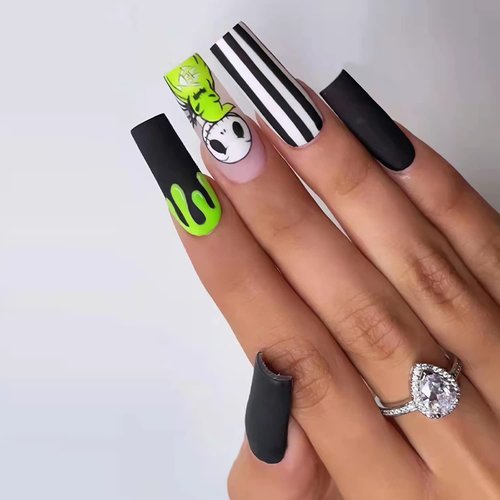 24Pcs Long Press on Nail Halloween Coffin Fake Nails Black White Stripes Cute Ghost Design Glossy False Nails for Women Girls Stick on Nails with Glue on Acrylic Nail Tips