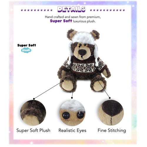 DolliBu Plush Grizzly Bear Stuffed Animal - Soft Plush Huggable Brown Grizzly Bear Wearing Hat & Sweater, Adorable Toy Wild Life Cuddle Gifts for Kids and Adults - 9 Inch
