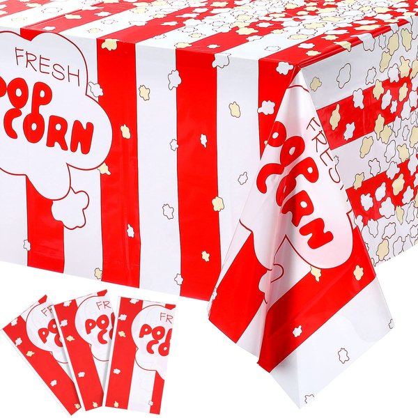3 Pieces Popcorn Tablecloth Decorations Plastic Popcorn Table Cover Carnival Theme Party Tablecloth for Carnival Party, Circus Themed, Movie Night Birthday Party Supplies, 54 x 108 Inch