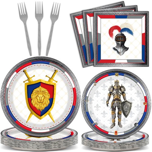 chiazllta 96 Piece Medieval Party Decorations Castle Birthday Paper Plates and Napkins Knights Party Birthday Supplies Favors for Boys and Girls, Medieval Party Decor Serves 24