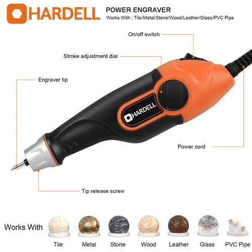 HARDELL 24W Engraver Pen, 5 Speed Engraving Tool with Letter/Number Stencil, Soft Handle Engraver Tool with Tungsten Carbide Steel Bits for Metal, Stone, Wood, Leather, Glass, PVC Pipe, DIY Crafts