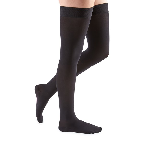 mediven Comfort for Women, 20-30 mmHg – Thigh High Compression Stockings with Silicone Top Band, Closed Toe Leg Circulation, Semi-Transparent Leg Support Compression Hosiery, VI - Petite, Ebony