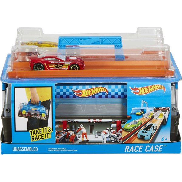 Hot Wheels Race Case Track Set with 2 Hot Wheels Cars, Dual Launcher for Side-By-Side Racing, Storage Container, Toy for Kids 4 Years Old & Up
