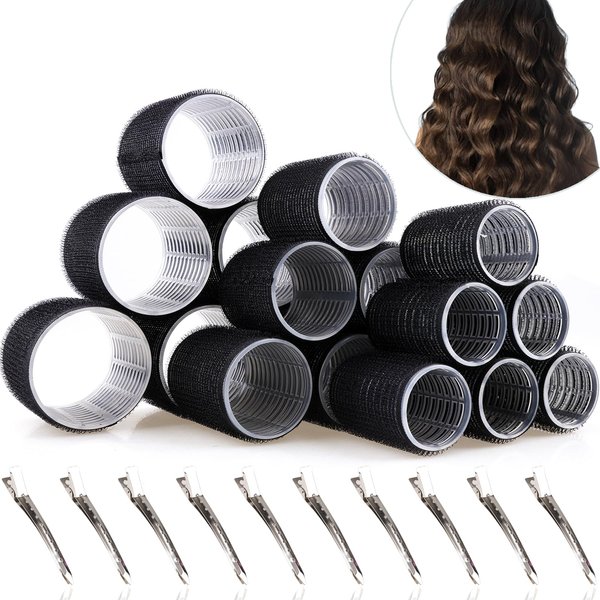 Yatinkim Rollers Hair Curlers 32Pcs Set with 14Pcs Clip 3 Sizes Self Grip Blowout Look Heatless Lazy Styles Salon DIY for Long Medium Short Thick Hair Bangs Volume Black
