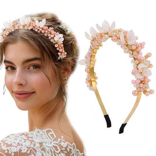 YBSHIN Bride Wedding Pearl Headband Gold Rhinestone Hair Band Flower Hair Hoop Headpiece Bridal Headwear for Women and Girls