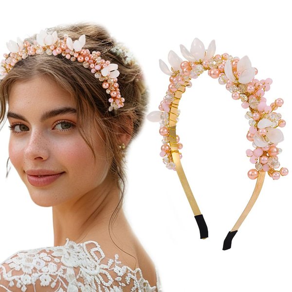 YBSHIN Bride Wedding Pearl Headband Gold Rhinestone Hair Band Flower Hair Hoop Headpiece Bridal Headwear for Women and Girls