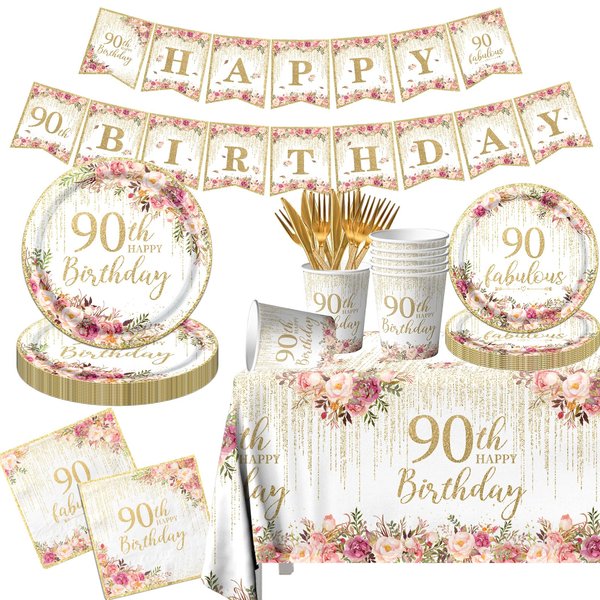 90th Birthday Party Tableware, 142Pcs Rose Gold 90th Birthday Decorations Includes 90th Birthday Plates and Napkins,Tablecloth,Cup,90 and Fabulous Banner,90th birthday decorations for women