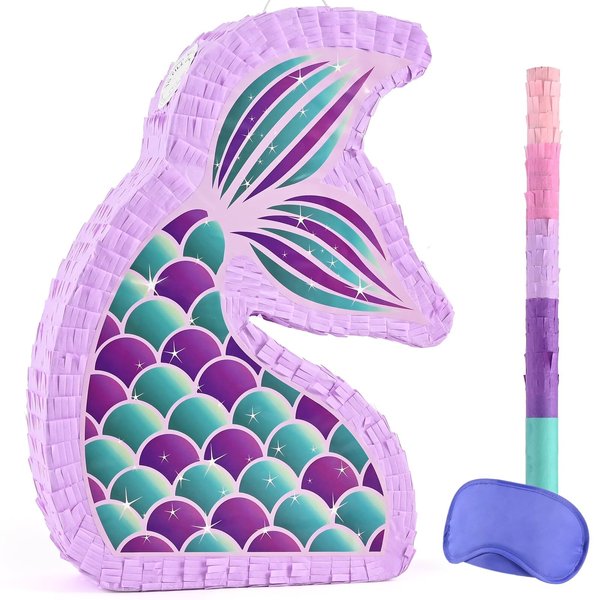 WERNNSAI Mermaid Piñata - Mermaid Party Supplies Piñata Bundle with Blindfold and Bat for Girls Kids Ocean Theme Birthday Party Game Carnival Activity Decorations (16.7" x 12.2" x 3.1")