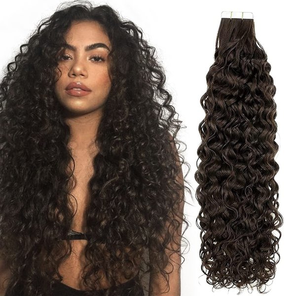 Hetto Curly Hair Extensions Tape in Human Hair Brown Tape on Curly Hair Extensions 14 Inch #2 Darkest Brown Natural Wave Tape in Hair Extensions 50g 20pcs